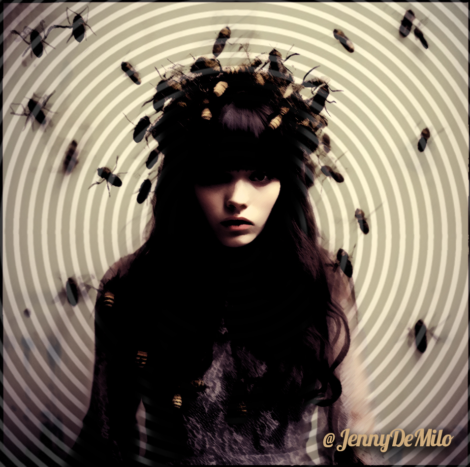Trance Mistress Jenny DeMilo Surrounded by bees in front of a hypnosis spiral background